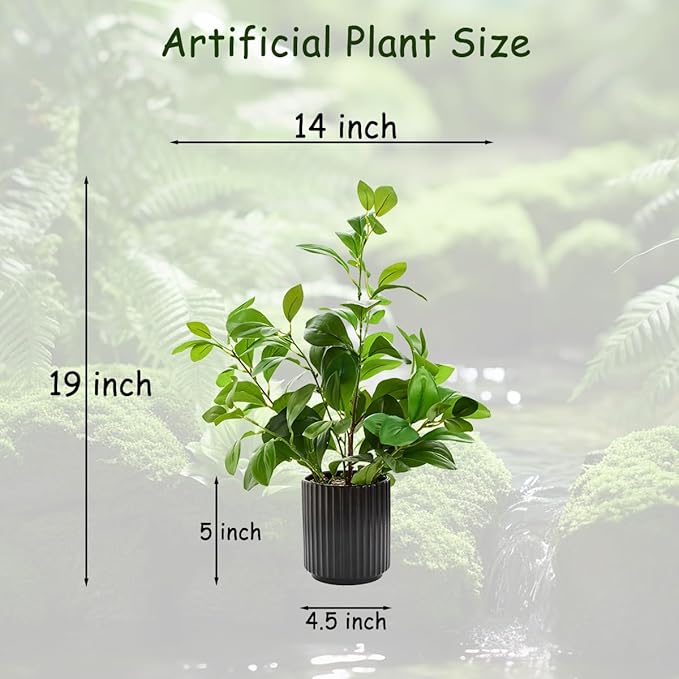 16 inch Artificial Plants Indoor Realistic Touching Evergreen Leaf Fake Plant with Creamic Black Pot for Home Office Living Room Bathroom Office Table Bookshelf Decor