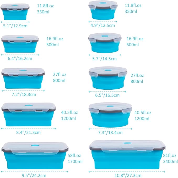 Collapsible Food Storage Containers with Lids 10 Pack(81oz/58oz Extra Large Included), 6 Rectangular+4 Round, Annaklin Silicone Collapsible Food Containers Sets Microwave Freezer Dishwasher Safe, Blue