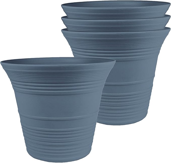The HC Companies 9 Inch Sedona Round Self Watering Planter Pots, Lightweight UV-Resistant Plastic Outdoor Planters, 4-Pack Flower Pots for Garden & Home Decor, Slate Blue