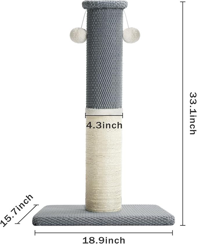 Made4Pets Tall Cat Scratching Post, Heavy Duty and Thicker Scratching Posts for Indoor Cats Adults, 33" Natural Sisal Cat Scratcher with Hanging Balls, Sturdy Base Cat Scratch Post, Light Grey
