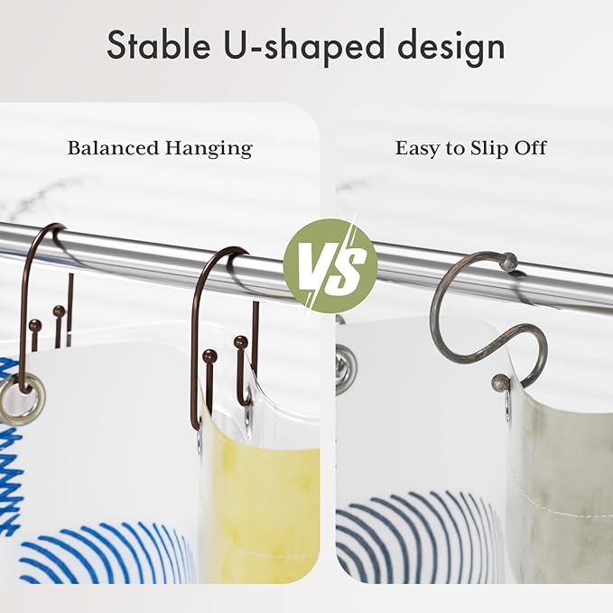 AmazerBath Shower Curtain Hooks, Simple Bronze Double Shower Curtain Hooks Rust Proof, Non-Slip Simple Shower Curtain Rings, Metal Shower Hooks for Shower Curtain Liner Bathroom, 12Pcs