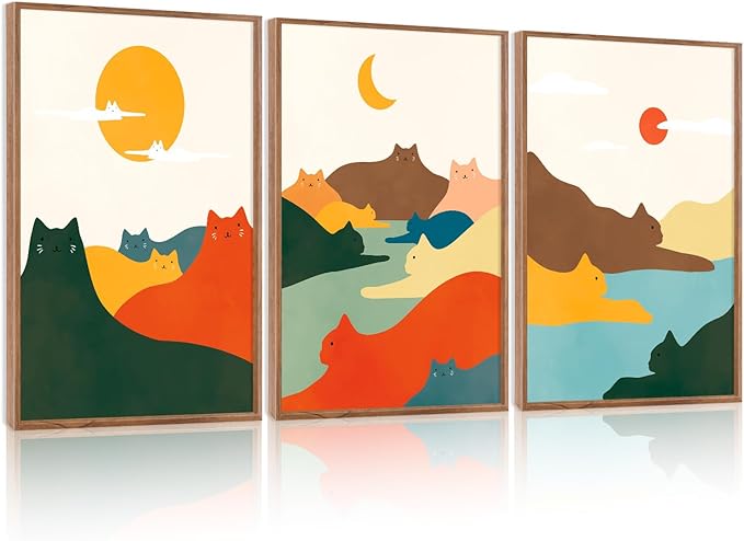 CHDITB Mountain Cats Framed Canvas Wall Art Set Of 3, Abstract Line Nature Landscape Wall Decor, Neutral Animal Wall Painting, Midcentury Modern Art Prints For Cat Lovers Living Room Decor-12 X16