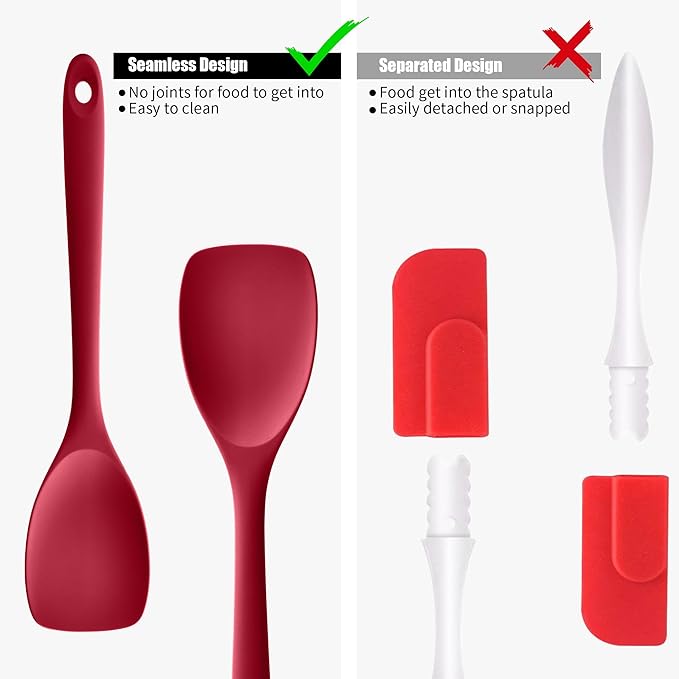 Doosu Silicone Spoon Spatula, 600ºF Heat-Resistant Food Grade Rubber Spoonula with Seamless Design, Non-Stick Flexible Scraper Kitchen Cooking Spoon Baking Tool for Mixing, Scraping (Red)