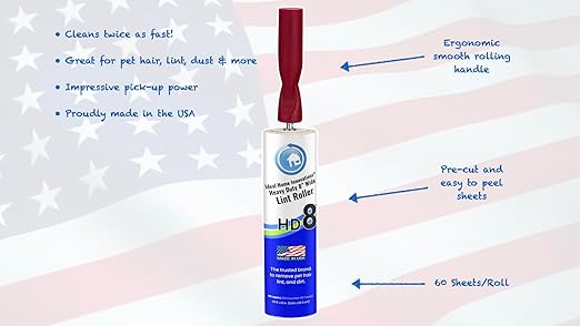 Made in USA – Heavy Duty 8” Wide Lint Roller 6-Pack, Extra Sticky Pet Hair Remover for Clothes, Carpets, Furniture & Car – Dog & Cat Hair Lint Remover with Easy Peel Sheets, Total 360 Sheets