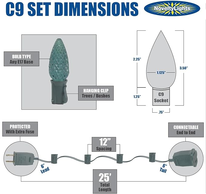 25 Foot C9 Red Ceramic Christmas String Light Set - Outdoor Christmas Light String - – Opaque Christmas Bulbs - Roofline Light String – Outdoor String Lights - Green Wire