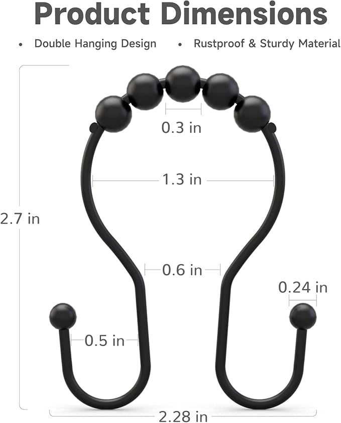 Shower Curtain Hooks Shower Curtain Rings Black Shower Curtain Hooks RustProof Smooth Metal Double Shower Curtain Hook, Shower Hooks for Shower Curtain Liner Bathroom Shower Rod Hook