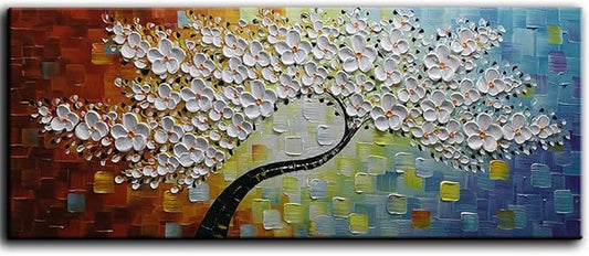 YaSheng Art -100% Hand Painted Contemporary Art 3D Whit Flowers Oil Painting On Canvas Texture Palette Knife Tree Paintings Modern Home living room Decor Art Large Abstract Canvas Art 24x60inch