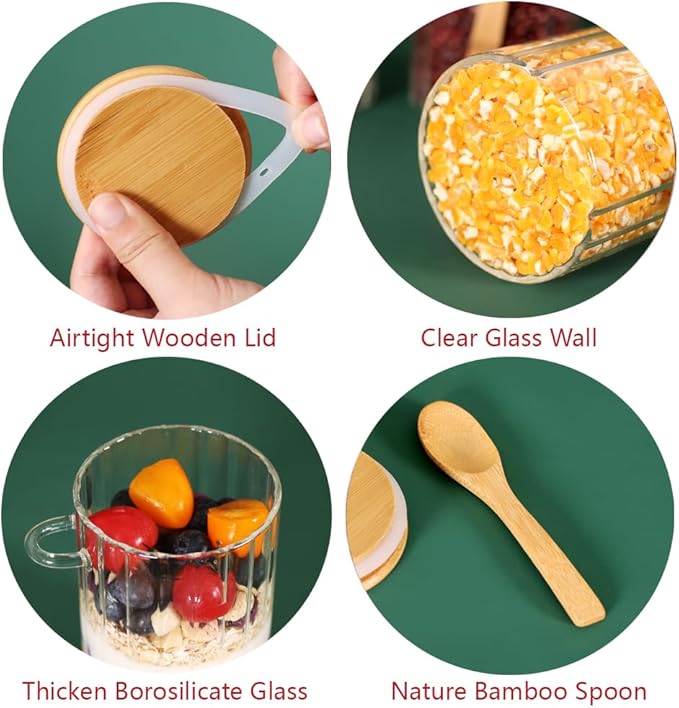 4 Pack Glass Containers with Lids and Spoons, Overnight Oat Container with Lids Glass, Oatmeal Jar with Spoons, Meal Prep Jars for Yogurt, Chia Pudding (Ribbed Round 4PCS)