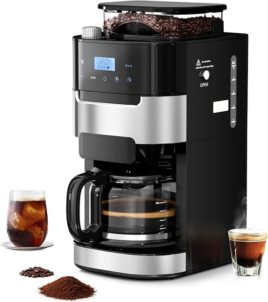 Drip Coffee Maker with Grinder Built In, 10-Cup Grind and Brew Coffee Machine Fully Automatic, Programmable with Brew Strength, Permanent Filter, Glass Carafe, 50oz Water Tank, Ideal for Home/Office