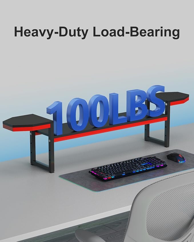 Monitor Stand for Desk,Wood and Steel Monitor Stand Riser with Side Storage shelf,Height Adjustable Computer Monitor Stand,Long Desk Shelf Organizer for Computer/Laptop/PC/Printer, Black+Red