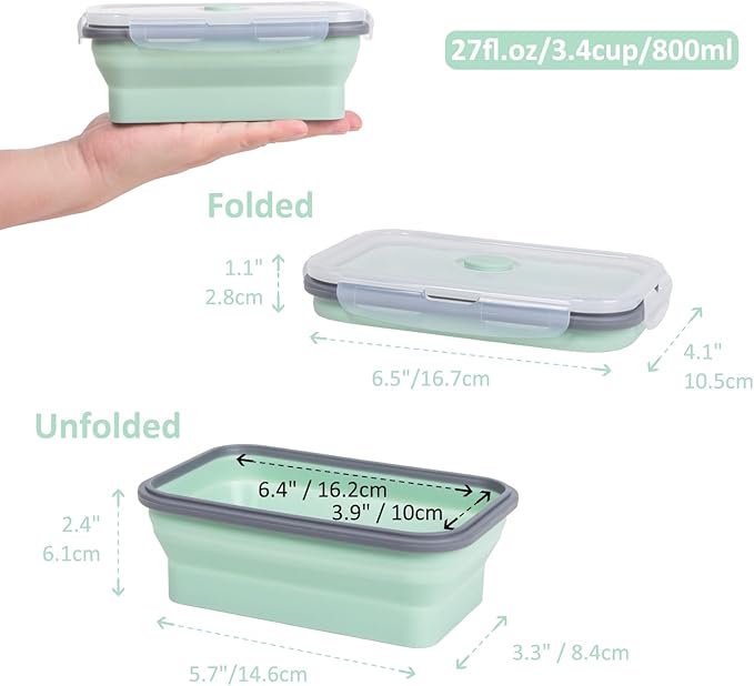 Collapsible Food Storage Containers with Lids & Vent, 27 oz, Kitchen Stacking Silicone Collapsible Meal Prep Container Set for Leftover, Microwave Freezer Dishwasher Safe, Mint Green, 4 Pack