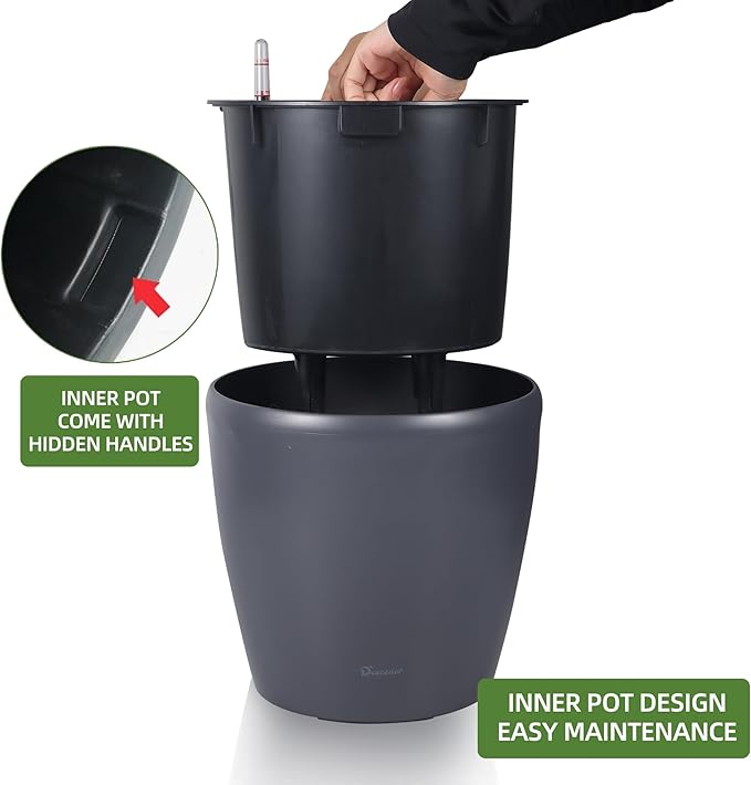 Dexceder 11x10 Inches Self Watering Planter Indoor Outdoor, Inner Pot Design, Thickened Table Flower Plant Pot with Water Level Indicator (Slate Gray Matte)