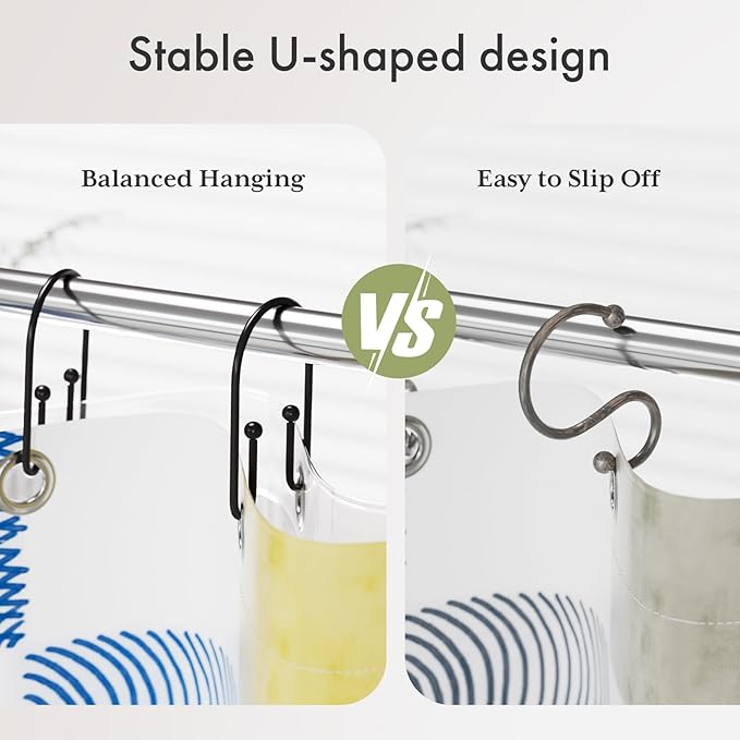 AmazerBath Shower Curtain Hooks, Simple Black Shower Curtain Hooks Rust Proof, Metal Shower Curtain Rings, Double Side Shower Hooks for Shower Curtain, Double Shower Hooks Rings Liner Bathroom, 12Pcs