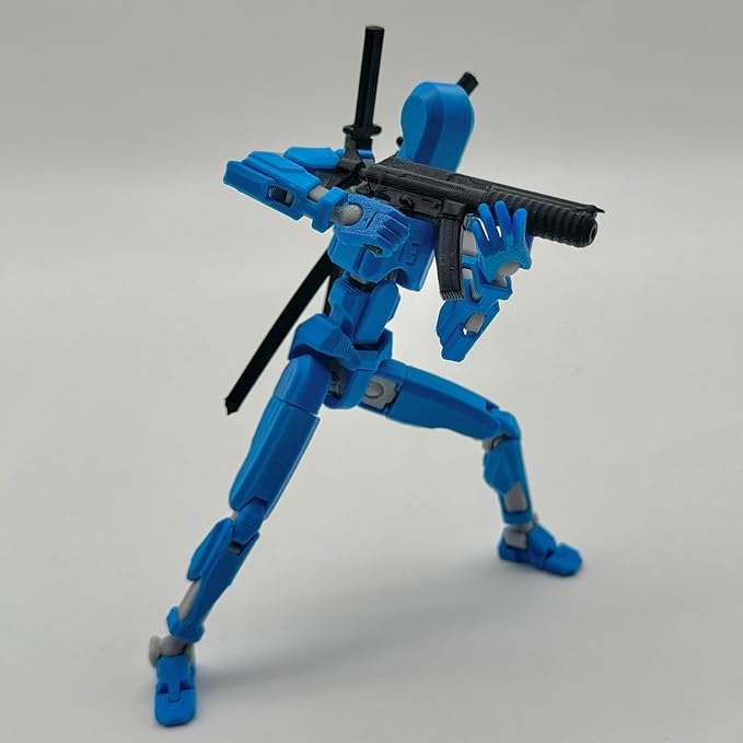 (Assembly Completed) 3D Printed Figure 5.54-inch Dummy13 with Weapon Expansion Set and Bracket, Full Body Mechanical Movable Toy, Desk Decoration. (Blue)