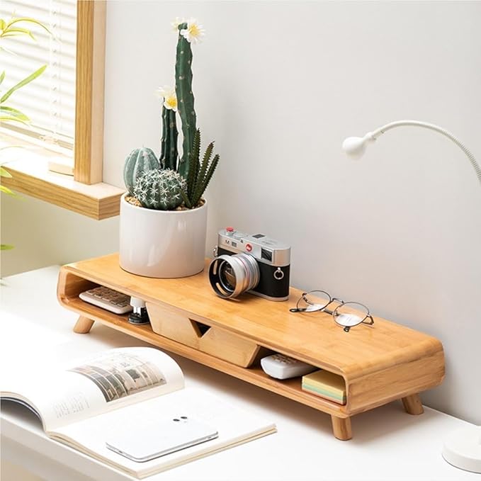 Bamboo Monitor Stand, Modern and Simple Laptop Stand for Desk, Monitor Riser with Storage Drawer for Home Study, Office, No Assembly