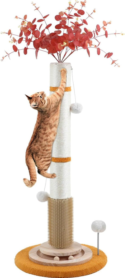 Cat Scratching Post,45'' Tall Scratching Post for Indoor Cats Adults,Cat Scratcher with 3.5Inch Diameter,Sisal Rope,Interactive Ball Toys,Self Groomer Brush for Large Cats Kittens