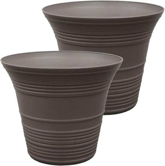The HC Companies 12 Inch Sedona Round Self Watering Planter Pots, Lightweight UV-Resistant Plastic Outdoor Planters, 2-Pack Flower Pots for Garden & Home Decor, Cappuccino