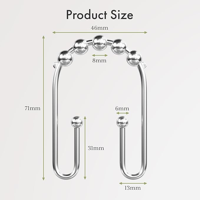 AmazerBath Shower Curtain Hooks Chrome Metal Shower Curtain Rings Rust Proof, Double Sided Shower Curtain Hooks for Shower Curtain Liner Smooth Shower Hooks Rings for Bathroom, Shower Rod Hook 12Pcs