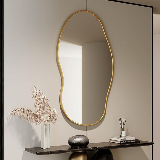 Wavy Wall Mirror -46''×26'' Irregular Wall Mirror Decorative Alloy Framed Mirrors Abstract Artistic Mirrors Wavy Mirror for Cloakroom/Bedroom/Living Room/Entryway（Gold）