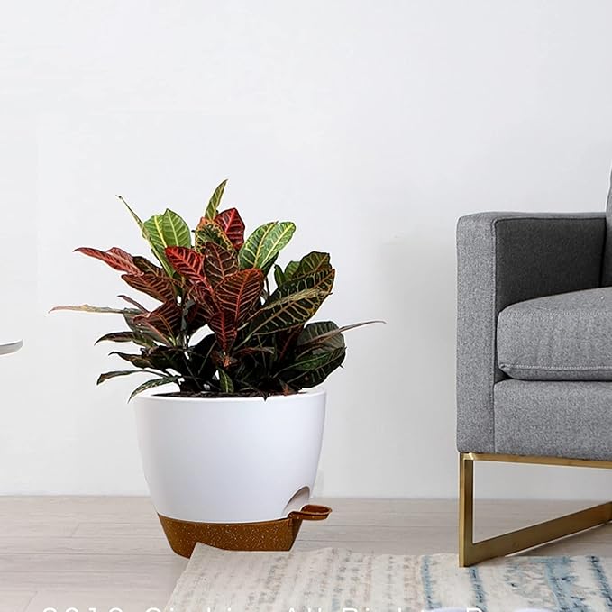 Large Self Watering Pots, 12/10/9 Plastic Planters with High Drainage Holes and Deep Reservoir for Indoor Outdoor Garden Plants and Flowers, White with Brown