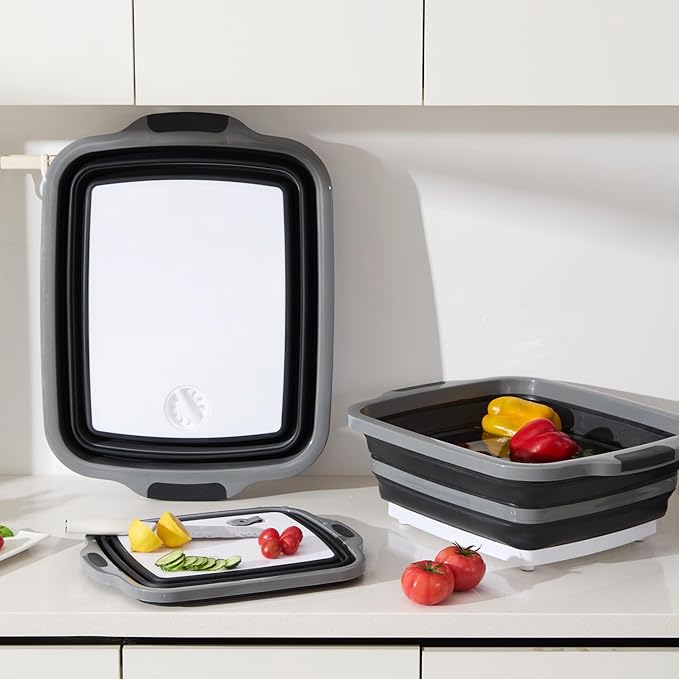 TANOSHII 3-Piece Collapsible BBQ Prep Tubs with Lids and Built-in Cutting Board – For Meal Prep Marinating Food Storage&Washing – Picnic Camping – Set of 3 – (1) Medium + (1) L + (1) XL – Black