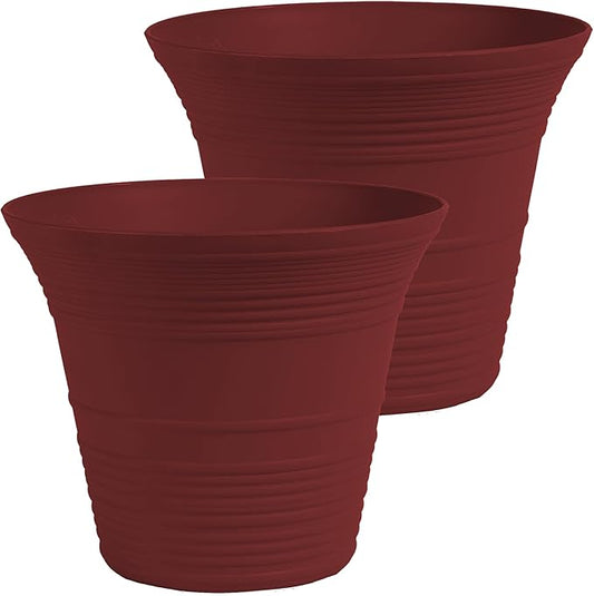 The HC Companies 12 Inch Sedona Round Self Watering Planter Pots, Lightweight UV-Resistant Plastic Outdoor Planters, 2-Pack Flower Pots for Garden & Home Decor, Wild Red