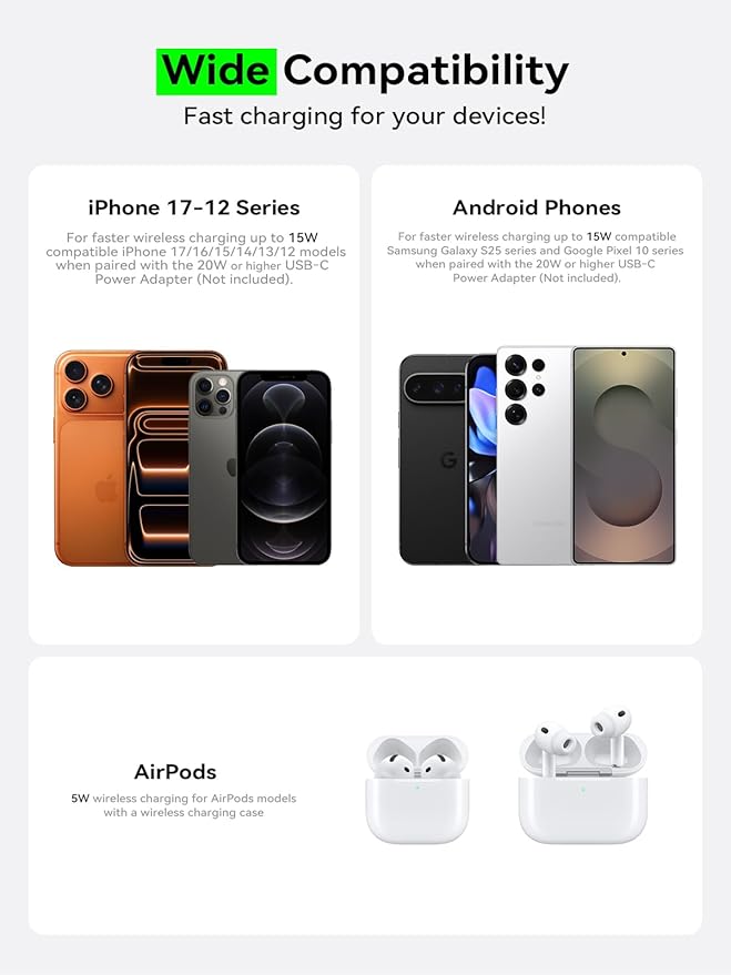 THREEKEY Qi2 MagSafe Charger, Magnetic Charger for iPhone 17-12 Series & Galaxy S25 Ultra, Qi2 Wireless Charger Dual-Sided Magnets, 15W Fast Charging Pad with 5FT USB-C Cable (Black-2 Pack)