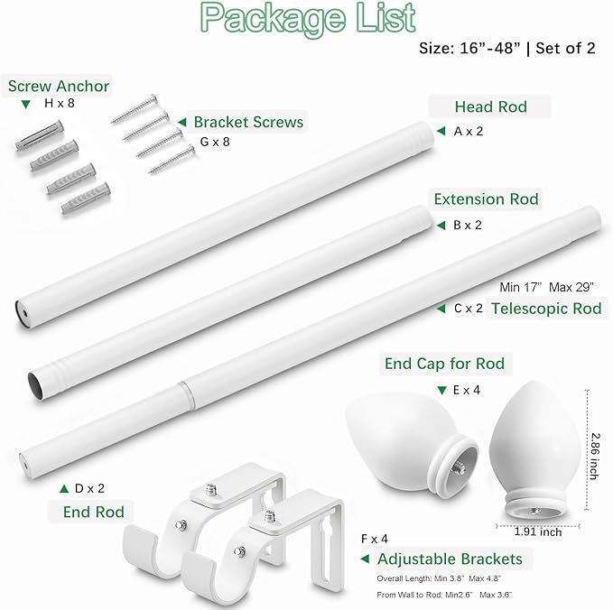 Curtain Rods for Windows 16 to 48 inches, Curtain Rod Max Adjustable Length to 60 in, Drapery Rod 1 inch Diameter with Modern Knobs Finials (White, 16" to 48" - Set of 2)