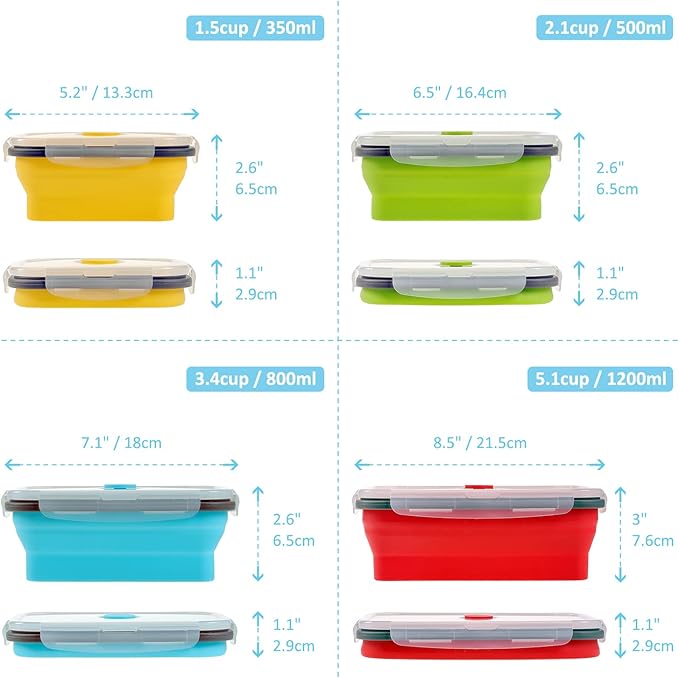 Collapsible Food Storage Containers with Airtight Lid, 4 Sizes, Annaklin Small and Large Stacking Silicone Collapsible Meal Prep Container Set for Leftover, Microwave Freezer Dishwasher Safe, Set of 4