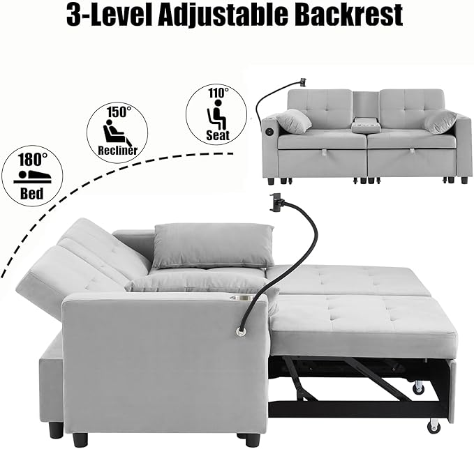 66" Multi-Functional Pull-Out Sofa Bed with Hidden Side Table, Storage Armrests, Built-in Charging Port, Spring Mattress, Solid Wood Frame – Ideal for Small Spaces, Easy Assembly