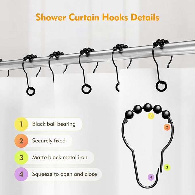 12PCS Shower Curtain Hooks, Shower Curtain Rings Black Rust Proof for Bathroom Shower Rods, Metal Shower Hooks Smooth＆Quick Sliding