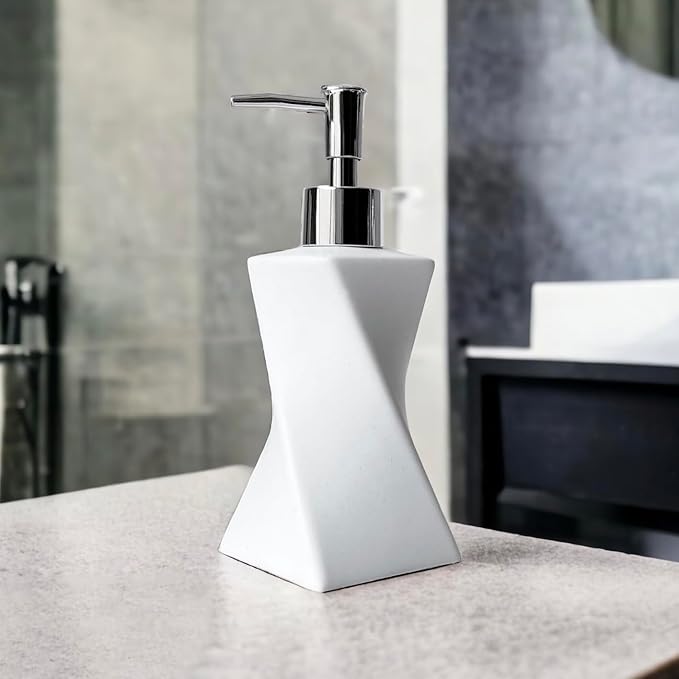 2 Pack Modern White & Black Soap Dispenser Set with Silver Pump for Bathroom and Kitchen, Contemporary Art Style, Matte Finish, Rust Proof, 8.5oz