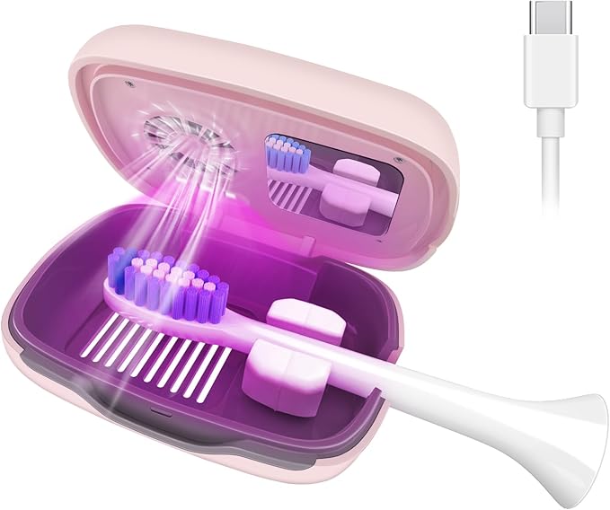 Toothbrush Covers Case and Holder with Light,Toothbrush Covers with Holder, Rechargeable Portable Toothbrush Cleaner Case, Toothbrush Box Fan with Dryer（Pink）