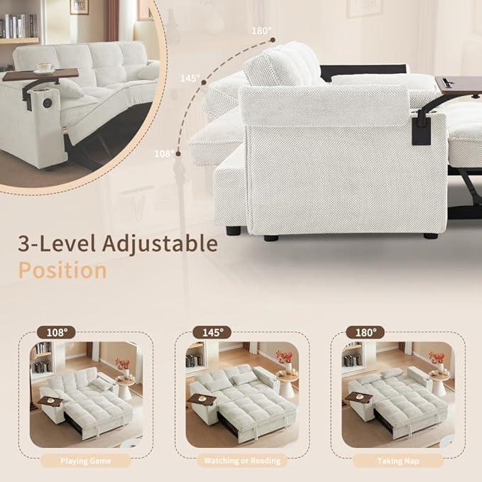 65'' Convertible Sleeper Sofa Bed with Adjustable Backrest, Chaise Lounge, Side Table & USB/Type-C Ports – Stylish & Functional Addition to Any Living Room (Modern Beige Sofa Bed)