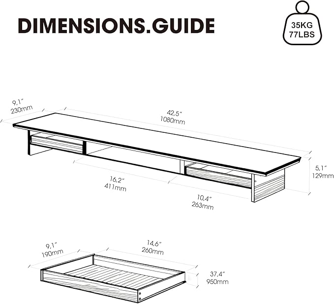 Fenge Acrylic Monitor Stand, 2 Tier Dual Monitor Riser with Solid Wood Drawers, 42.5 Inch Computer Stand for Two 27 Inch Monitors, Desk Shelf for PC, Laptop, Printer, TV, Black