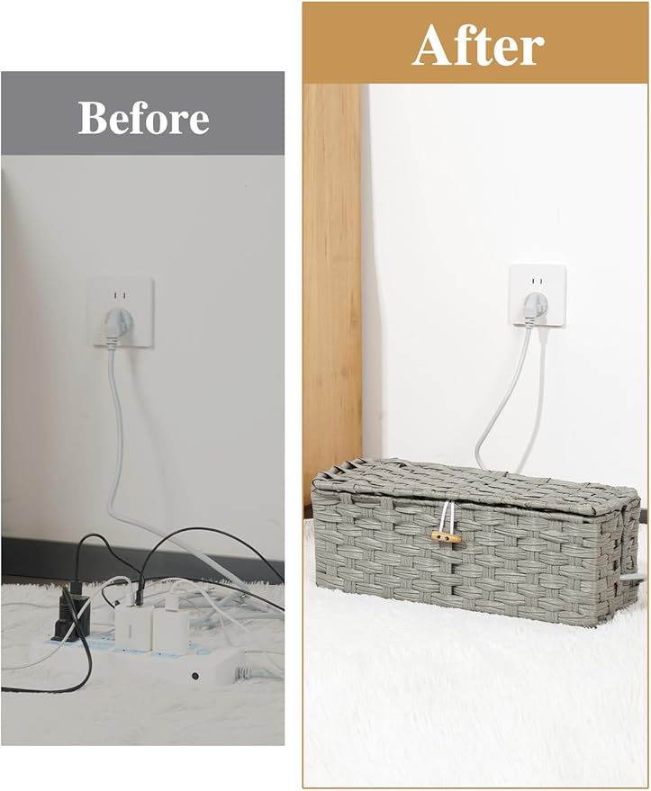 Temary Cable Management Box with Lids, 2-Pack Handmade Cable Organizer Boxes for Home, Office to Hide Cords and Power Strip, Cord Cover Floor Hider Set Woven Rattan Cable Organizer Box (Grey)