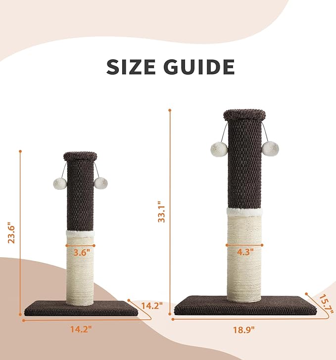 Made4Pets Tall Cat Scratching Post, Heavy Duty and Thicker Scratching Posts for Indoor Cats Adults, 23.6" Natural Sisal Cat Scratcher with Hanging Balls, Sturdy Base Cat Scratch Post, Brown