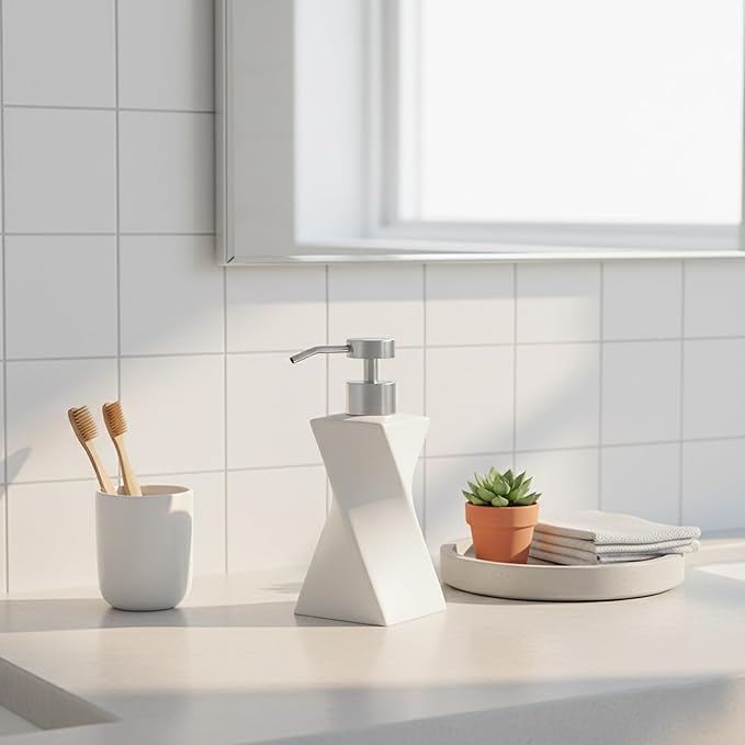 Modern White Twisted Soap Dispenser with Stainless Steel Pump for Bathroom and Kitchen, Contemporary Art Style, Matte Finish, Geometric Design, 8.5oz (Arctic White)