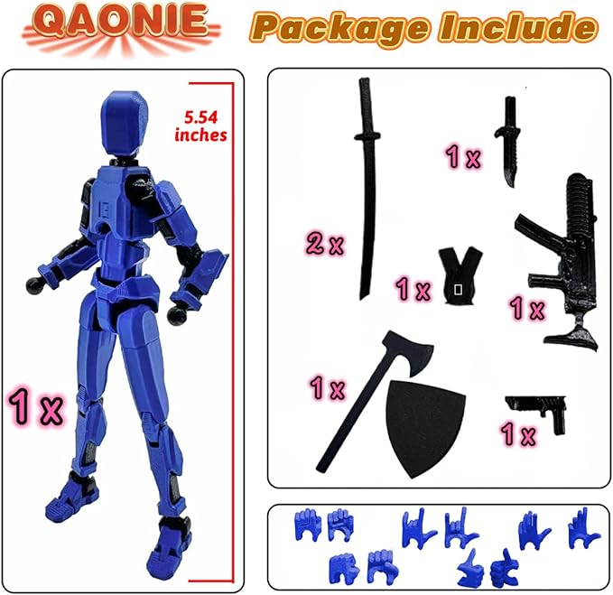 (Assembly Completed) 3D Printed Figure 5.54-inch Dummy13 with Weapon Expansion Set, Full Body Mechanical Movable Toy, Desk Decoration. (Bright Blue)