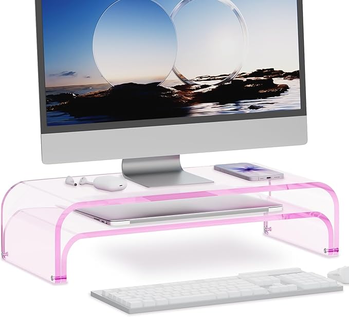 Acrylic Dual Monitor Stand Riser 2 Tier, Modular Laptop Stand for Desk, Multifunctional Desktop Organizer Shelf for PC, iMac, Printer, Detachable Monitor Stand for Office or Home, Pink