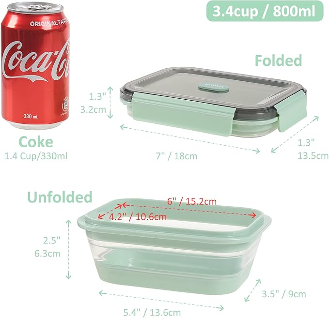 Collapsible Food Storage Containers with Lid & Air Vent, Clear Stacking Silicone Collapsible Food Container Set, Microwave Freezer Dishwasher Safe Space-Saver, Set of 4, Mint Green