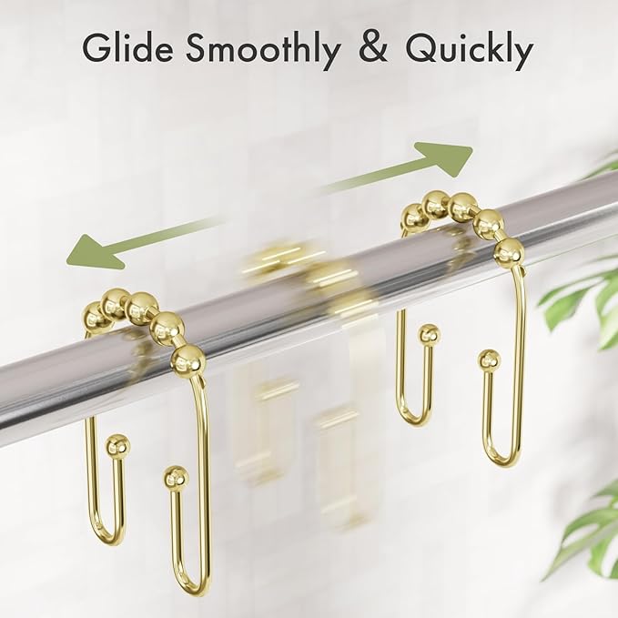 AmazerBath Shower Curtain Hooks Gold Shower Curtain Rings Rust Proof, Double Sided Shower Curtain Hooks for Shower Curtain Liner Smooth Metal Shower Hook Rings for Bathroom,Shower Rod Hooks 12Pcs