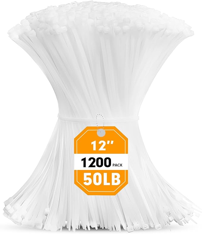 Zip Ties, RAZCC 1200pcs Cable Zip Ties 12 Inch, Heavy Duty White Plastic Wire Ties with 50lb Tensile Strength, Self-Locking Nylon Cable Ties, Wire Management for Indoor and Outdoor