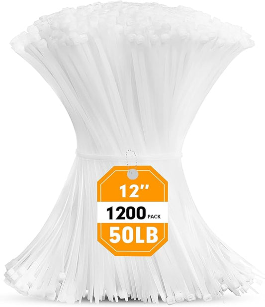 Zip Ties, RAZCC 1200pcs Cable Zip Ties 12 Inch, Heavy Duty White Plastic Wire Ties with 50lb Tensile Strength, Self-Locking Nylon Cable Ties, Wire Management for Indoor and Outdoor