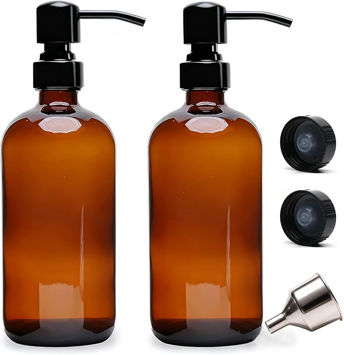 16 Oz Amber Glass Soap Dispenser with Black Pump, Refillable Liquid Hand soap Dispenser for Bathroom, 2 Pack Premium Kitchen Soap Dispenser