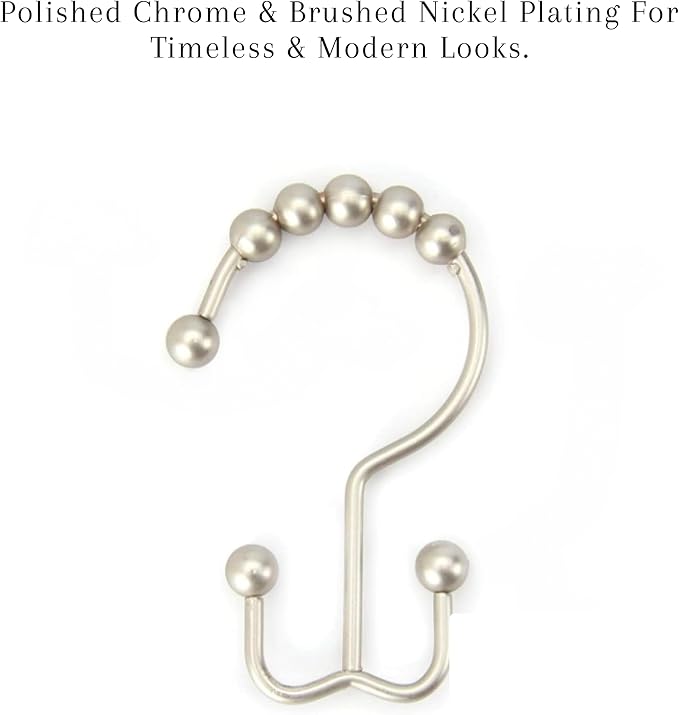 2lbDepot Double Sided Shower Curtain Hooks, Decorative Brushed Nickel Shower Curtain Hooks Rust Proof, Premium Stainless Steel Metal Hooks, Easy Glide Rollers, Set of 12 Curtain Rod Rings