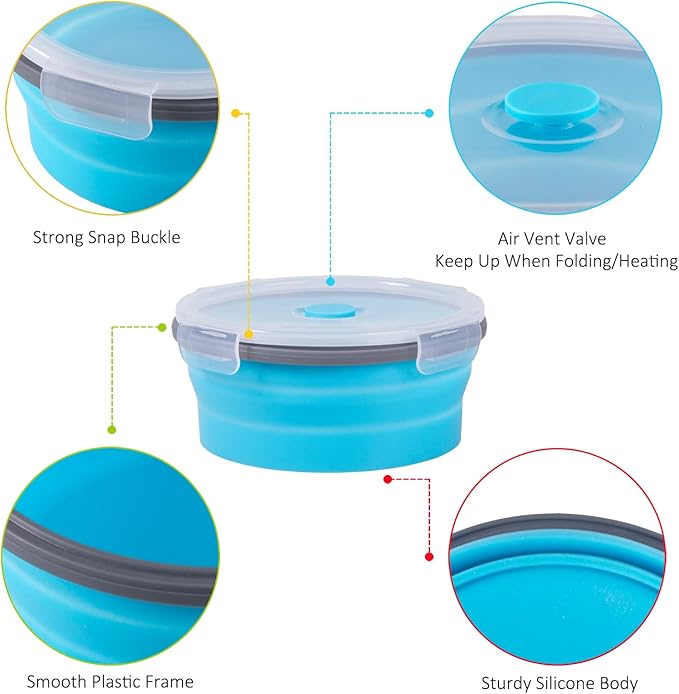 Collapsible Food Storage Containers with Airtight Lid, 27 oz, Kitchen Stacking Silicone Collapsible Meal Prep Container Set for Leftover, Microwave Freezer Dishwasher Safe, 4 Colors Round, Set of 4