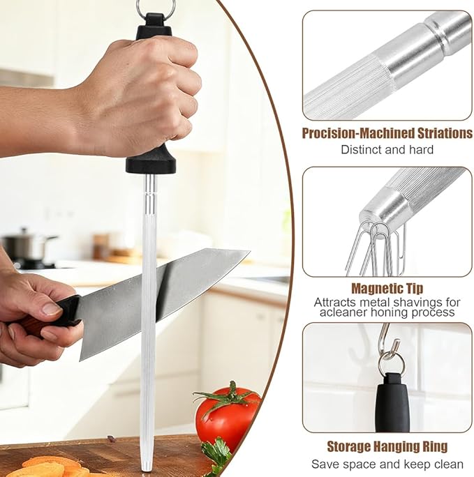 Professional 12-Inch Knife Sharpening Rod, High-Carbon honing rod to Sharpen the Knife Quickly, Perfect Knife Sharpener for Chefs and Home Cooks, Easy to Use & Sturdy