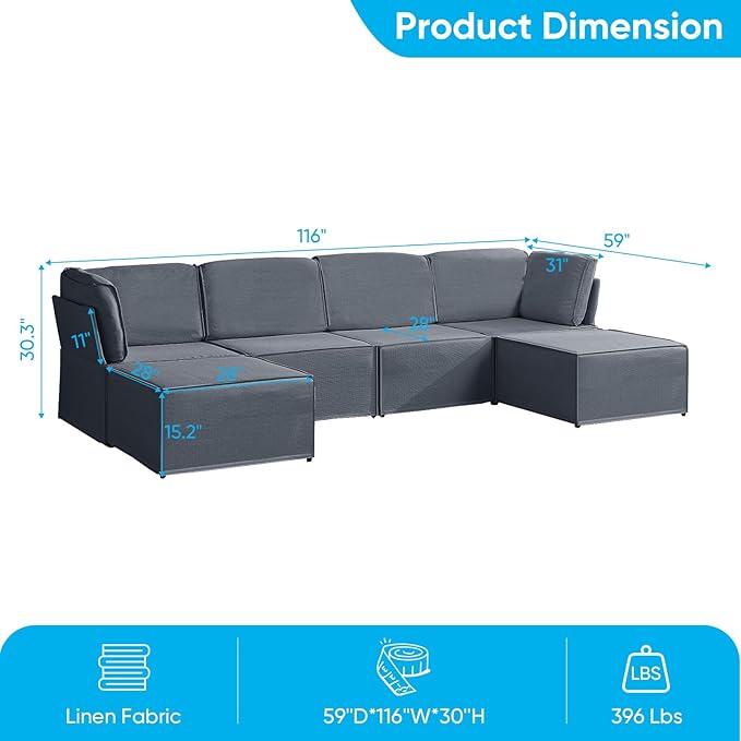Mjkone 116'' Modular Sectional Sofa, 6-Seat Convertible U-Shaped/L-Shaped Deep Seat Couch with High Density Memory Foam Cushions, Ergonomic Backrests and 2 Movable Ottomans for Living Room, Dark Gray