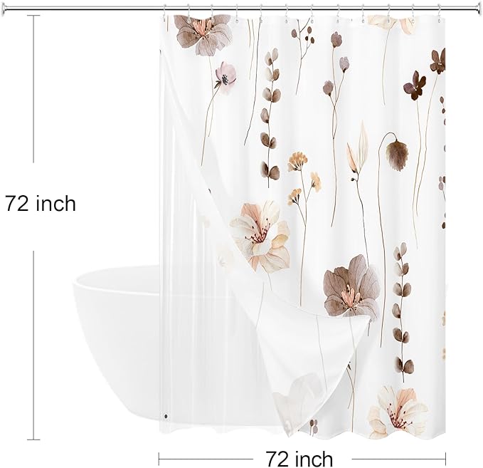 Gibelle 3 in 1 Shower Curtain Set, Brown Watercolor Floral Bath Curtain and PEVA Liner Set with 12 Double Sided Steel Hooks, Waterproof Fabric Bathroom Curtain 72x72